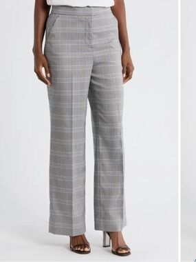 Elie Tahari Plaid Pants Grey Flat Front Virgin Wool Blend Career Office 4 Preppy